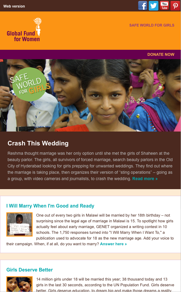 themed email featuring Safe World for Girls content