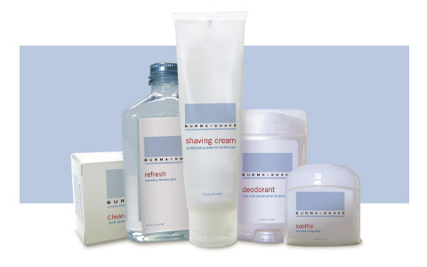 assortment of Burma-Shave products, clean white against a blue background