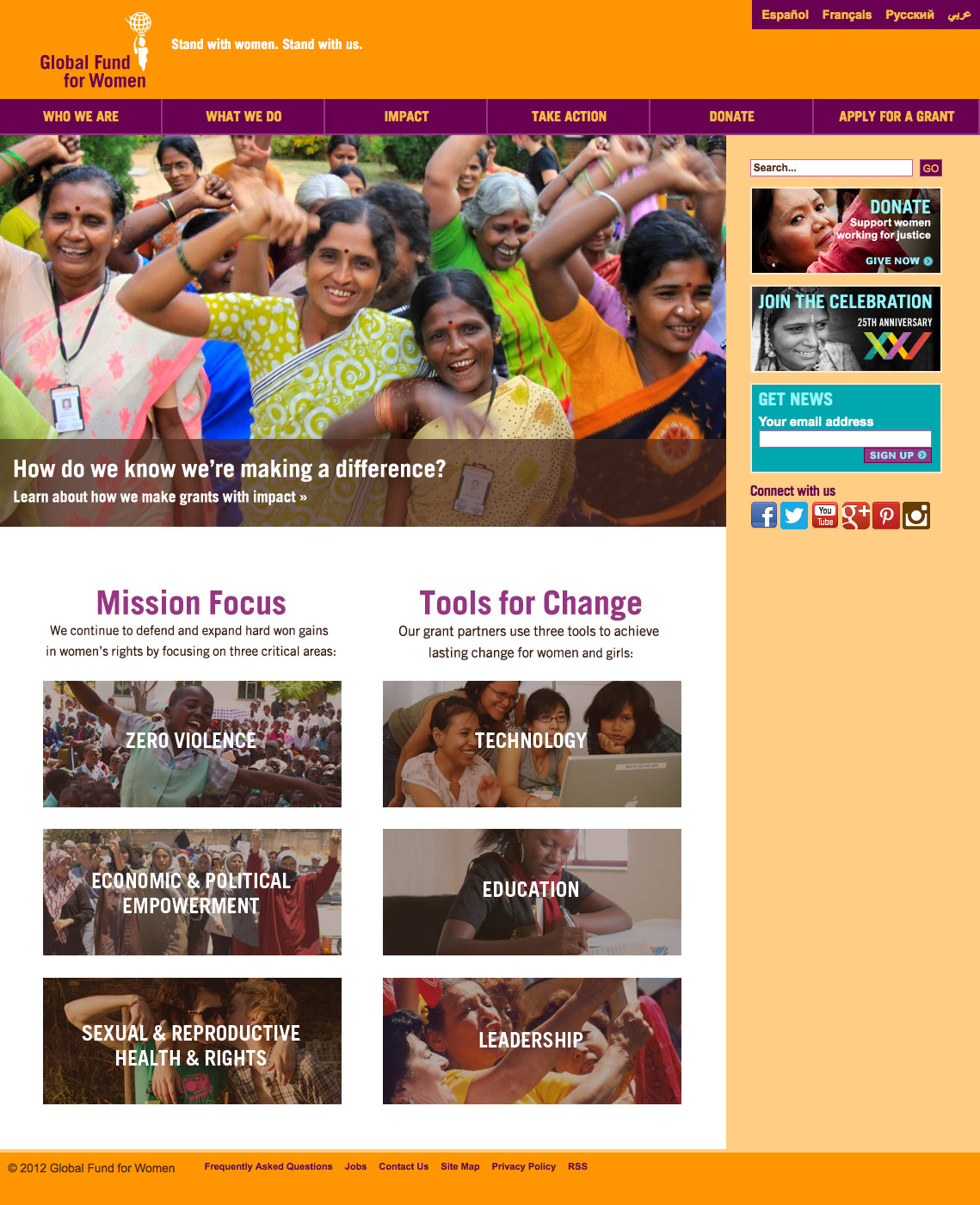 homepage of globalfundforwomen.org showing three-column layout with prominent engagement and donation opportunities