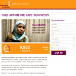 petition page showing a photo of a woman wearing hijab, a petition form, and vibrant call-to-action language