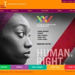 Splash page for Global Fund for Women's 25th Anniversary book, Human. Right., featuring a bold black-and-white photo of an African woman looking into the distance