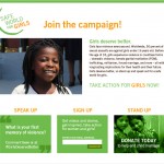 Safe World for Girls landing page featuring a smiling African girl, and three action opportnities: SPEAK UP, SIGN UP, and STAND UP