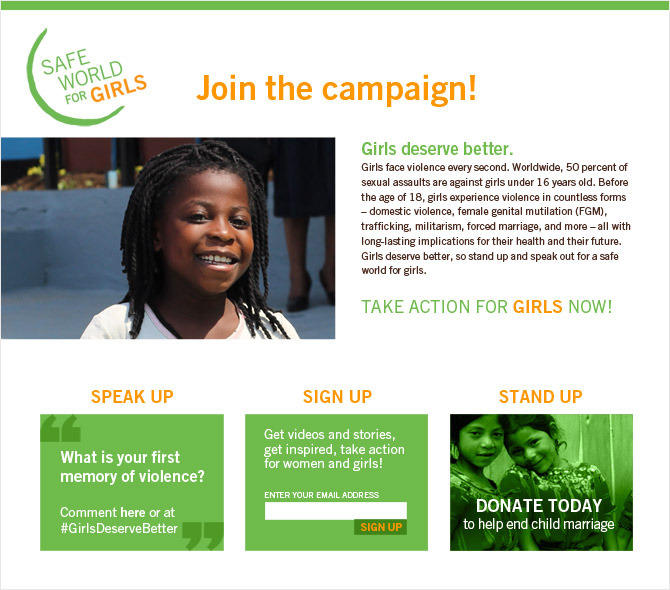 Safe World for Girls landing page, showing hero image of a young Malawi girl smiling, and three calls to action: SPEAK UP (a call for user-generated content), SIGN UP (a call to join the mailing list), and STAND UP (a call for donations)