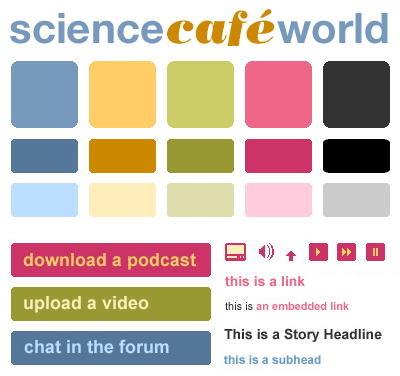graphic showing Science Café World color palette, typography, and button designs
