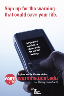 a poster showing a hand holding a cell phone. The poster says 'Sign up for the warning that could save your life.'
